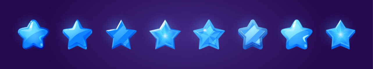 Blue star shape ui game icon vector button set. Glossy badge medal for score or reward gui interface. Magic rate asset collection for review and feedback experience. Different bright shiny xp symbol