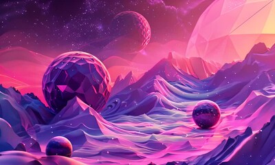 Wall Mural - abstract landscape with purple mountains and planets against a space backdrop. the concept of scienc