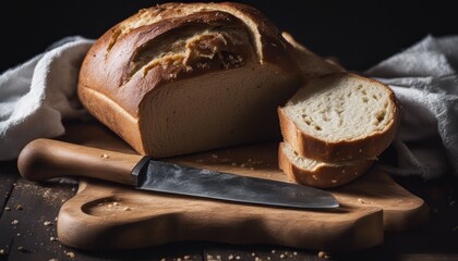 Wall Mural - Freshly baked bread with kitchen towel