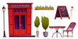 Cartoon restaurant exterior elements set. Cafe outside furniture - glass and wood red door, table and chair, chalkboard and streetlight lamp, decorative plants and flower for relax and eating on patio