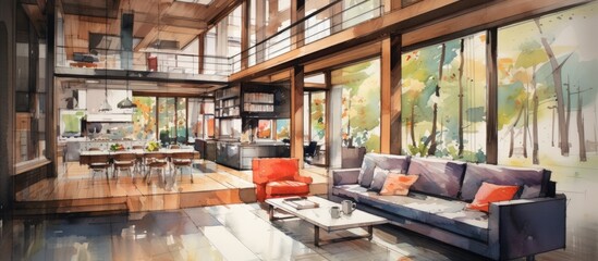 Poster - An art piece showcasing a living room with a couch and chairs, set against a backdrop of a buildings facade with a window. Wood accents and plants add warmth to the real estate scene