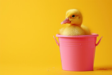 Wall Mural - Cute duckling sitting in a pink bucket against a bright yellow background with space for text