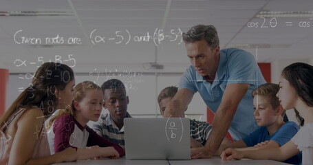 Canvas Print - Image of mathematical equations over schoolchildren using laptop