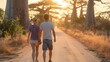 Young couple traveling and walking in Madagascar. Road with baobab alley in background. Man and woman view from behind. Sunset summer background