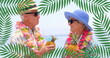 Image of moving leaves over caucasian senior couple on the beach
