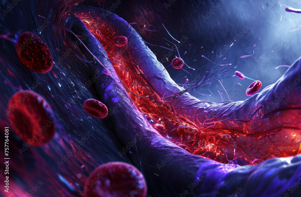 3D ing of a microscopic view of a blood vessel with flowing red blood ...