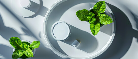 Wall Mural - Top view of a white tray with three potted plants and a cup of green tea