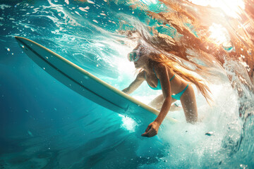 Wall Mural - Young woman in bikini, surfer with surf board dive underwater with fun under big ocean wave