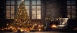 A cozy living room in a house decorated for Christmas with a beautiful Christmas tree and fireplace. The room is filled with tints and shades of evergreen, wood, and Christmas decorations