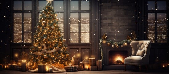 Sticker - A cozy living room in a house decorated for Christmas with a beautiful Christmas tree and fireplace. The room is filled with tints and shades of evergreen, wood, and Christmas decorations