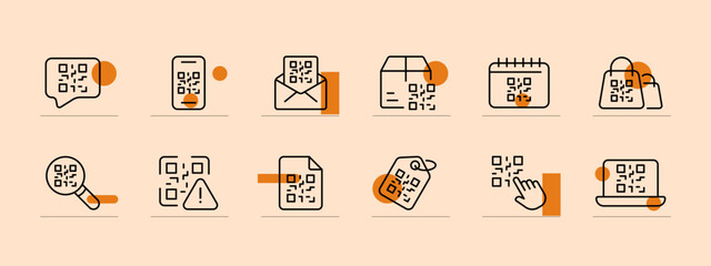 Quar code icon set. Technology, file, search, box, delivery, scanning, calendar, message. Pastel color background. Vector line icon for business and advertising
