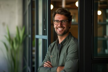 Wall Mural - A man with glasses is smiling and standing in front of a window