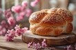 spring Bagutte on wooden table and bakery background ,photorealistic