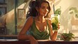 A delightful portrayal of a young woman savoring a green smoothie in a cafe setting, promoting the idea of a joyful and nutritious approach to eating