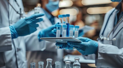 Wall Mural - Modern medical laboratory: scientists at work Perform experiments and check test tube blood test results, analyze tests, develop biotechnology.