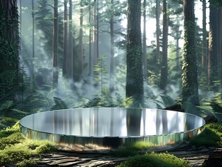 Empty blank round glass podium set in the middle of green forest with sunlight, For product display scene creative design scene for commercial product display, product display scenes