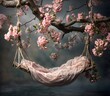 © Rupa - A wooden swing bed decorated with cherry flowers hangs in front, newborn digital backdrop.