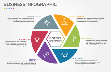 Poster - Visual data presentation. Cycle diagram with 6 options. Pie Chart Circle infographic template with 6 steps, options, parts, segments. Business concept. Marketing infographic vector illustration.