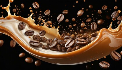 Wall Mural - Coffee Swirl Splash: Dynamic Liquid Element with Falling Beans