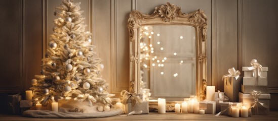 Canvas Print - The room is decorated with a Christmas tree and a mirror, creating a festive atmosphere with the holiday ornament and reflection of the tree