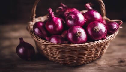 Wall Mural - view of basket full of red onions on wooden background