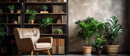 Poster - An interior design featuring a living room in a house filled with houseplants in flowerpots, a chair, and a large window, all surrounded by wooden furniture