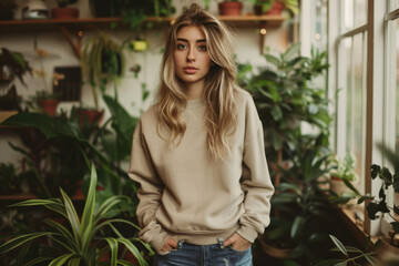 Wall Mural - Portrait of an attractive blonde hair female model wearing beige color oversized crewneck blank mockup sweatshirt posing in a greenhouse with hand in pocket