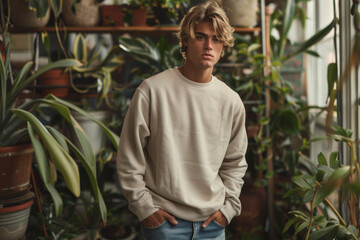portrait of an attractive blonde hair male model wearing beige color oversized crewneck blank mockup