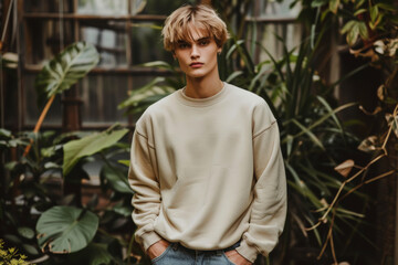 Portrait of an attractive blonde hair male model wearing beige color oversized crewneck blank mockup sweatshirt posing in a greenhouse with hand in pocket
