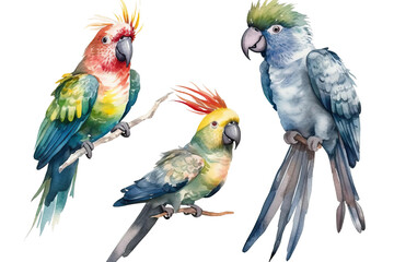 Wall Mural - Watercolor illustration set Exotic background isolated white Tropical birds parrots