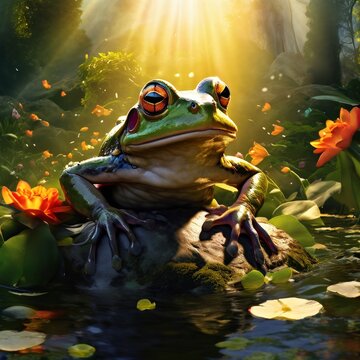 Frog in a pond, frog is sitting on a surface, its bod