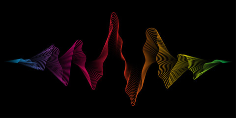 Poster - Abstract background waves dynamic rainbow light flow isolated on black background. Vector design element for technology, modern science banner. Music equalizer or or soundwave concept.