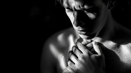  Photography of a man gripping his chest in pain, Generative ai.
