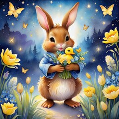 Wall Mural - Rabbit in a field of flowers: A peaceful and tranquil scene