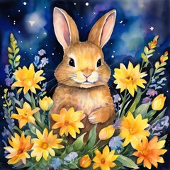 Wall Mural - Rabbit in a field of flowers: A peaceful and tranquil scene