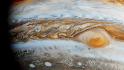 Wall Mural - Panning Close-Up Following Planet Jupiter's Great Red Spot Spinning Counter Clockwise and Slow Moving Cloudy Surface