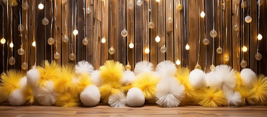 Sticker - A wooden wall adorned with yellow and white pom poms, along with hanging lights. Perfect for adding a playful touch to any room or event