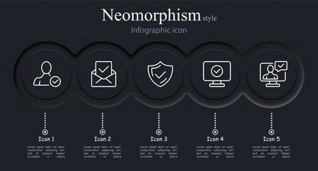 Confirmation icon set. Checkmark, confirmed user, message, shield, monitor, video call. Neomorphism style. Vector line icon for business and advertising