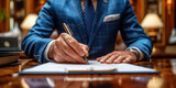 Fototapeta Panele - man politician in a suit and tie signs document contract agreement with pen in hand at table in office