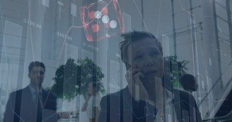 Sticker - Image of data processing over caucasian businesswoman walking