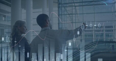 Wall Mural - Image of data processing over caucasian business people talking