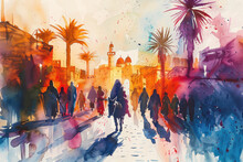 Colorful watercolor of Jesus riding a donkey to Jerusalem, palm sunday
