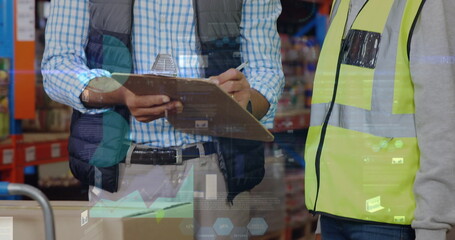 Canvas Print - Image of data processing over people working in warehouse