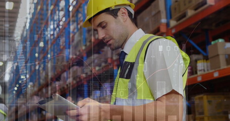 Canvas Print - Image of data processing over man working in warehouse