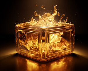 Liquid gold flowing into a crystal box defying gravity edges glowing with energy symbolizing contained dynamism