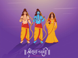 Poster - Shri Ram Navami (Birthday of Lord Rama) Greeting Card with Hindu Mythology Lord Rama, His Wife Sita and Little Brother Laxman Giving Blessings Together on Purple Background.