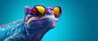 Portrait of smilling chameleon with sunglasses on blue