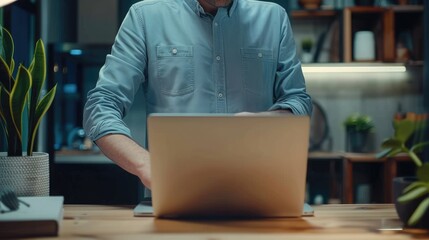 Wall Mural - Young man working on laptop computer at home office. Male hands typing on keyboard