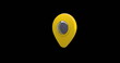 Digital image of a yellow map pin moving in the screen against a black background 4k