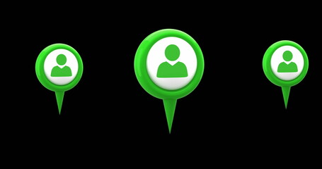 Wall Mural - digital image of green map pins with profile icon in the middle hovering against the black screen 4k